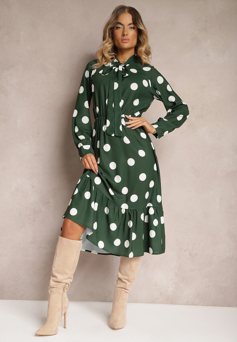Ciemnozielona Sukienka w Kropki o Rozkloszowanym Kroju z Wiązaniem przy Szyi Xelvira