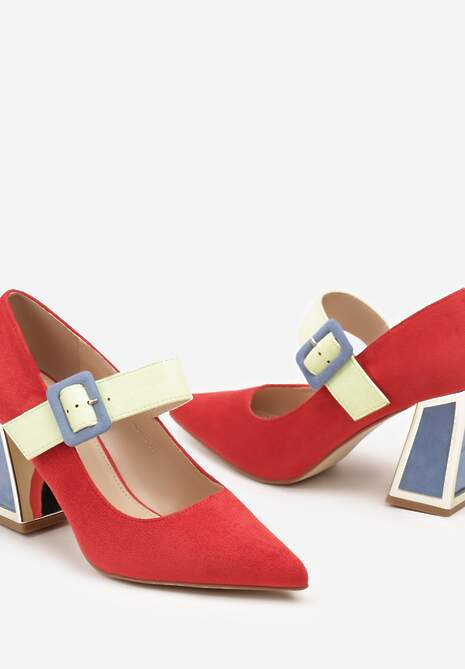 Czerwone Czółenka na Słupku z Metalicznymi Wstawkami i Paskiem Enavina