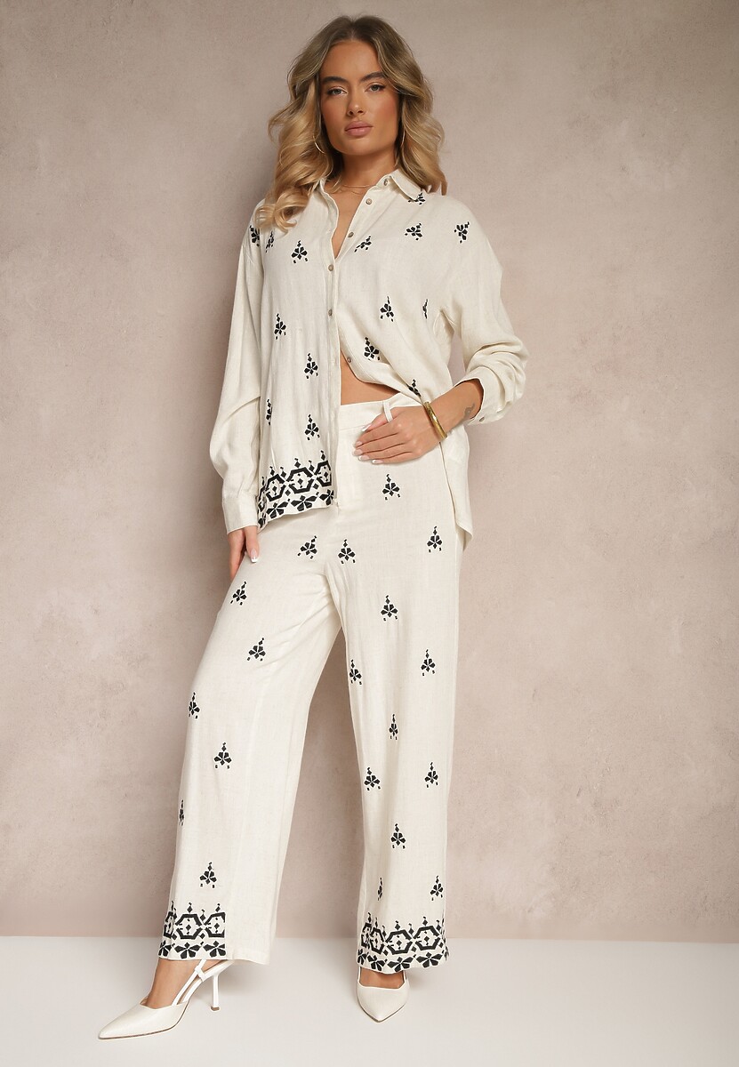 Biało-Czarne Spodnie z Wiskozą i Lnem High Waist o Szerokim Kroju z Haftami Olerina