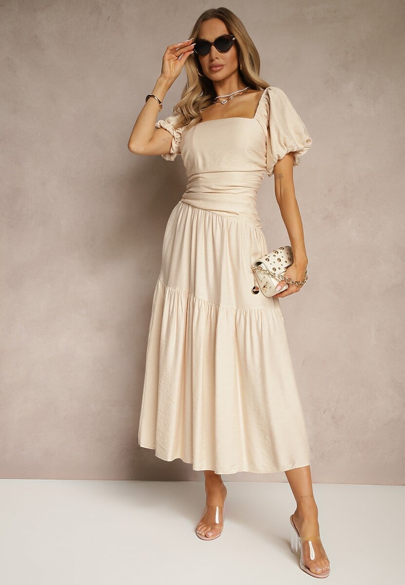 Beżowa Sukienka Wiskozowa Drapowana z Rozkloszowanym Dołem Naprine