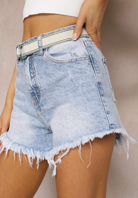 Jasnoniebieskie Bawełniane Szorty Jeansowe High Waist z Paskiem i Przetarciami Effimea