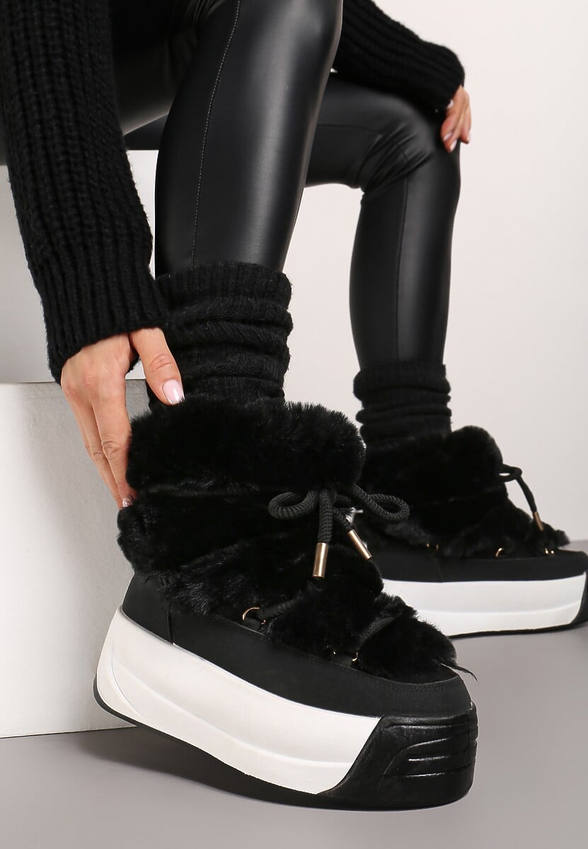 Ciemnobeżowe Futerkowe Śniegowce Wsuwane na Platformie z Imitacją Sznurówek Linettia