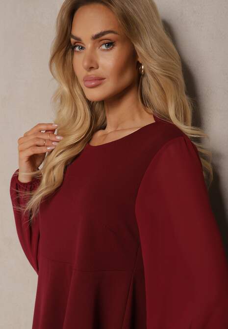 Bordowa Rozkloszowana Sukienka z Bufiastymi Rękawami z Siateczki Edanithe