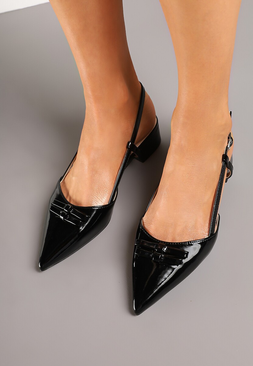 Czarne Sandały na Niskim Obcasie ze Szpiczastym Noskiem Zdobionym Kokardą Virlexia