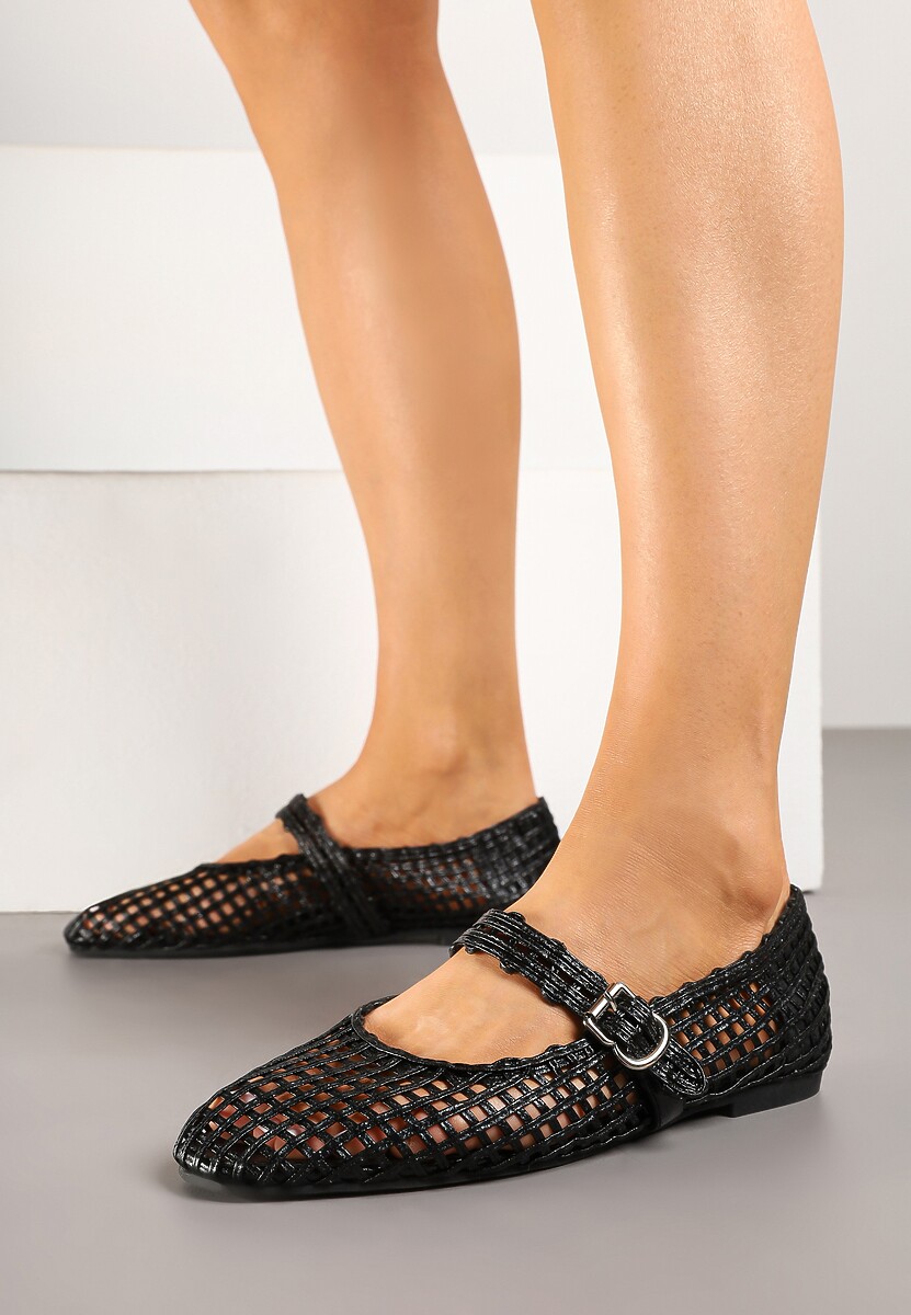 Czarne Ażurowe Balerinki w Stylu Mary Jane z Plecioną Cholewką Deraelle