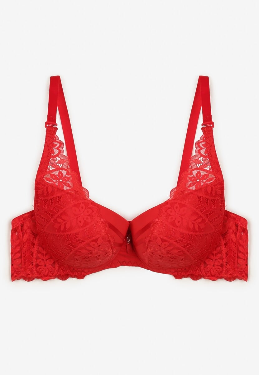 Czerwony Biustonosz z Efektem Push Up Ozdobiony Koronką Ivmeria