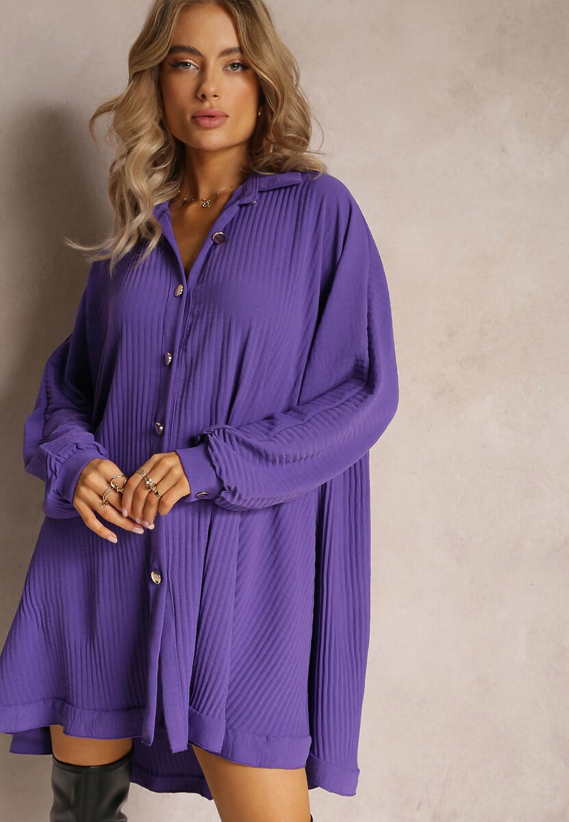 Fioletowa Sukienka Koszulowa Plisowana Giiphi