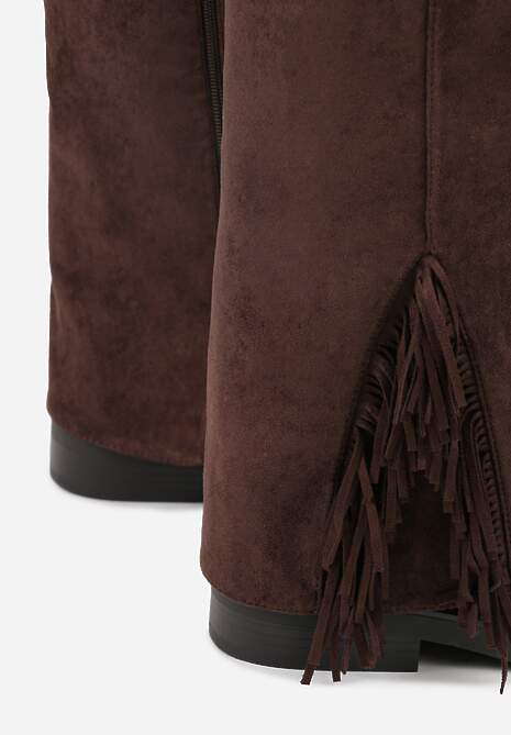 Brązowe Kozaki Ozdobione Frędzlami i Wywiniętą Cholewką Reilevia