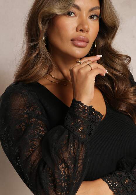 Czarny Sweter z Bufiastym Rękawem z Koronkowej Tkaniny Paolino