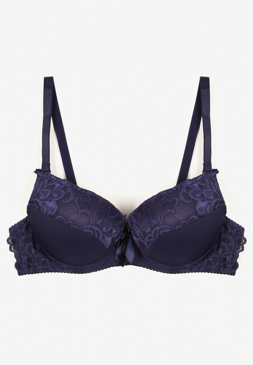 Granatowy Biustonosz Push Up Ozdobione Koronką Sonevia