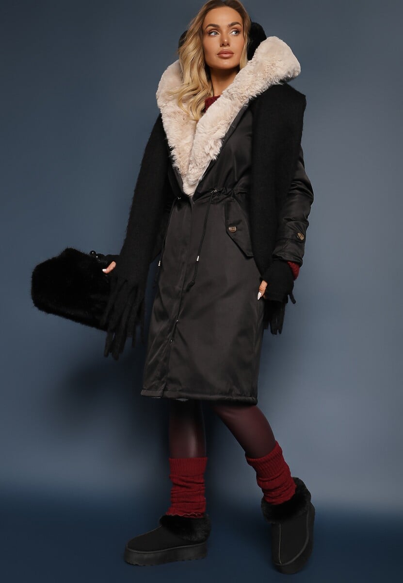 Czarno-Beżowa Kurtka Parka Ocieplana z Kapturem z Odpinanym Futerkiem Ściągana w Pasie Melintina