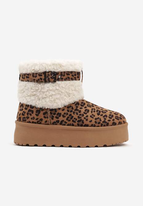 Brązowe Śniegowce na Platformie Ozdobione Wzorem w Panterkę Metaliczną Klamrą i Futerkiem w Stylu Baranka Anelavia