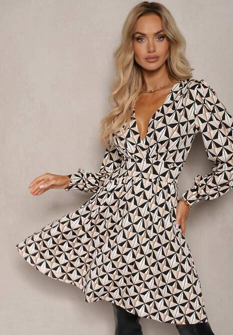 Beżowo-Czarna Sukienka z Kopertowym Dekoltem i Gumką w Talii Hiorre