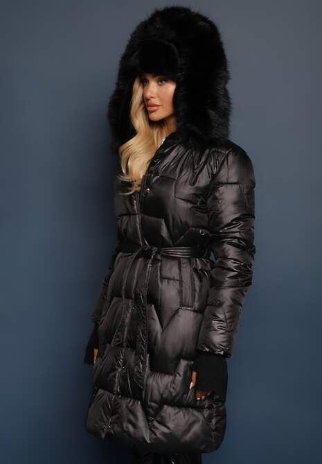 Czarna Długa Kurtka Pikowana z Odpinanym Kołnierzem i Paskiem Rinarella