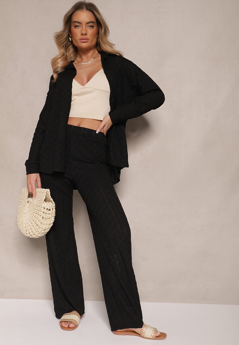 Czarny Komplet z Tłoczonego Materiału Koszula Oversize i Spodnie Taccaria