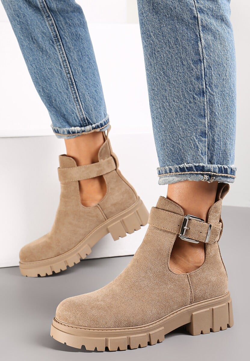 Ciemnobeżowe Botki z Wycięciem na Grubej Podeszwie Gennee