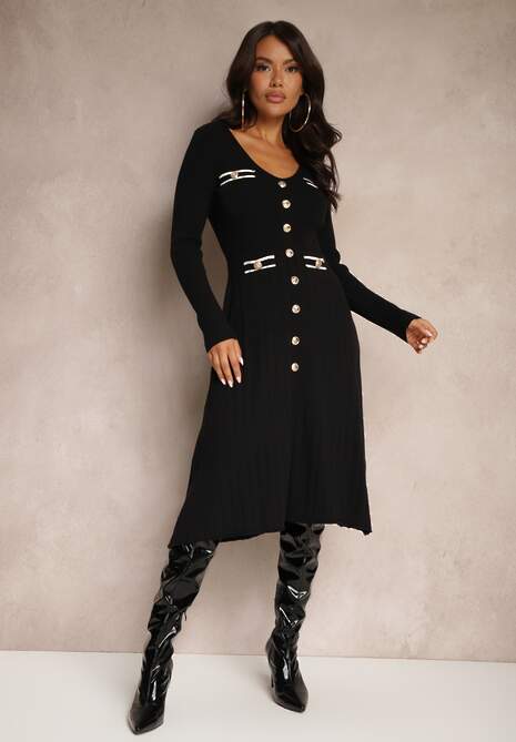 Czarna Rozkloszowana Sukienka z Wiskozą Imitacją Kieszeni  i Guzikami Izadria