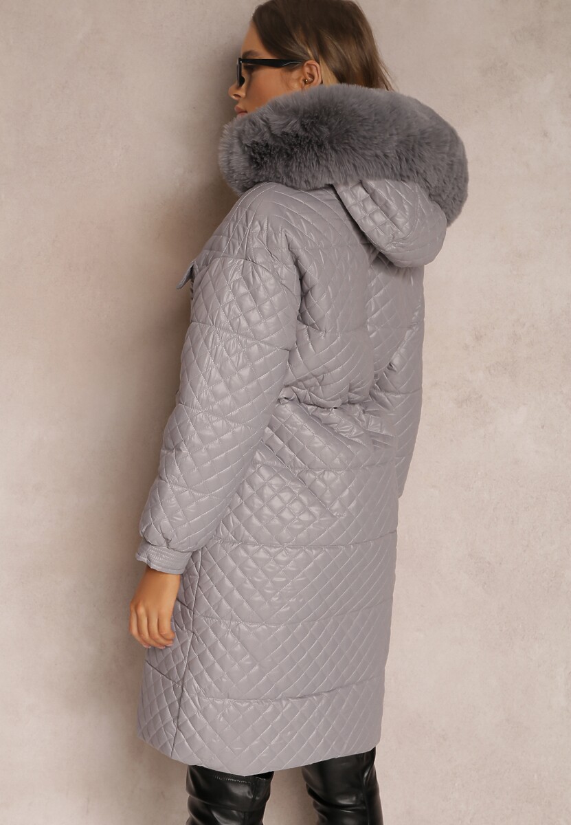 Szara Kurtka Pikowana z Kapturem z Futerkiem Vilei