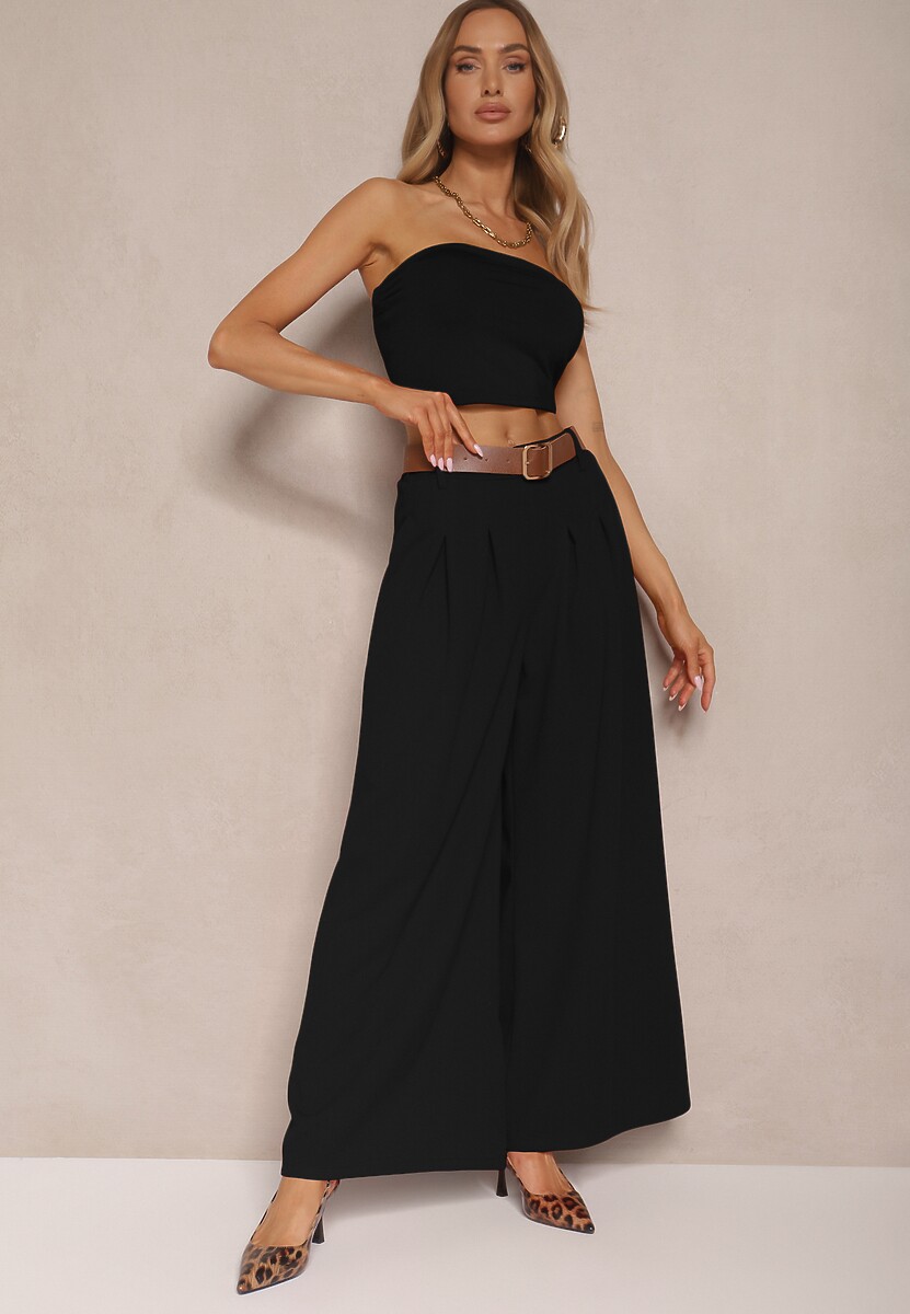 Jasnoniebieskie Spodnie o Szerokim Kroju High Waist Ozdobione Paskiem Rasalle