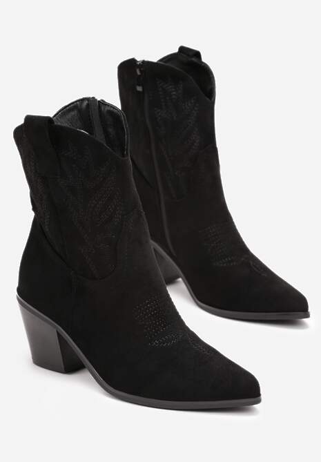 Czarne Botki Kowbojki z Haftem na Stożku Pomna