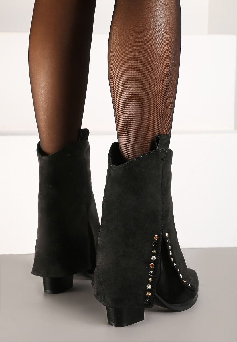 Czarne Botki na Stożkowym Obcasie z Wywiniętą Cholewką i Cyrkoniami Movene