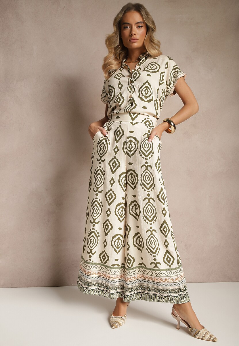 Beżowo-Zielona Koszula na Krótki Rękaw z Wiskozą Zdobiona Ornamentalnym Wzorem Animira