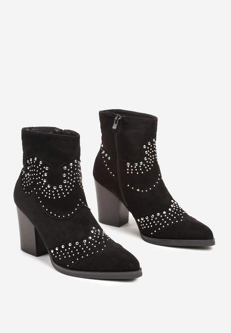 Czarne Botki na Kwadratowym Obcasie Bogato Zdobione Nitami Felonna