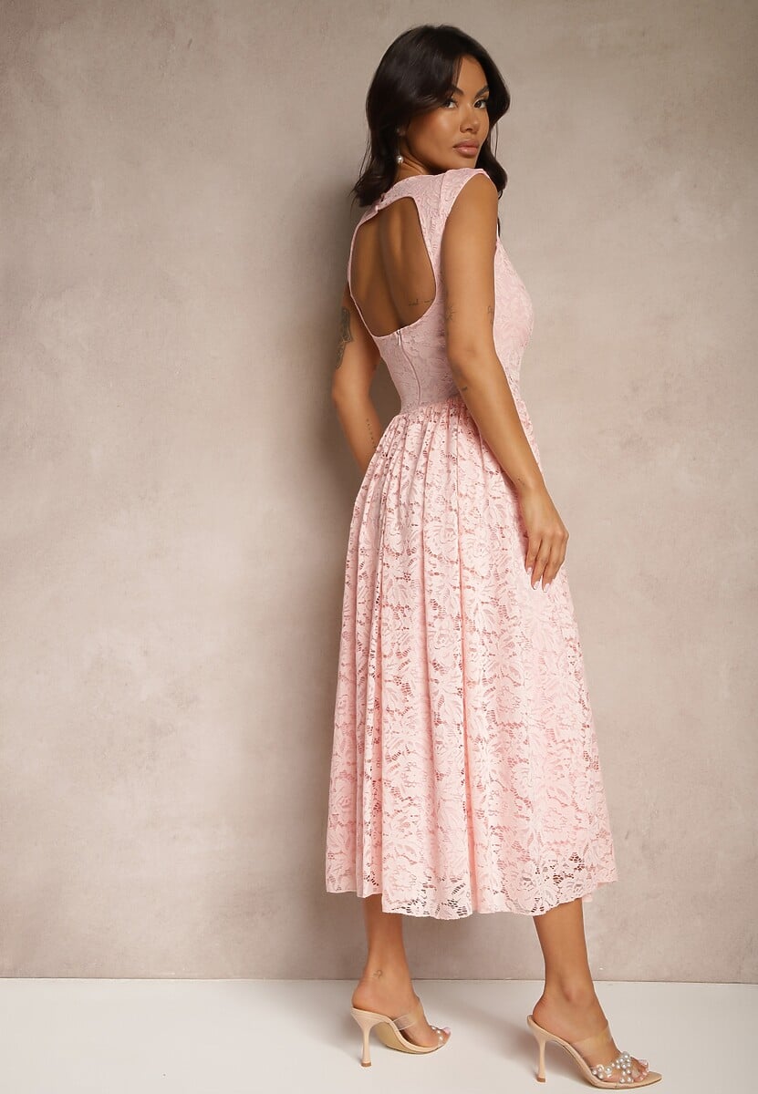 Różowa Rozkloszowana Sukienka z Koronki z Wycięciem na Plecach Meltewia