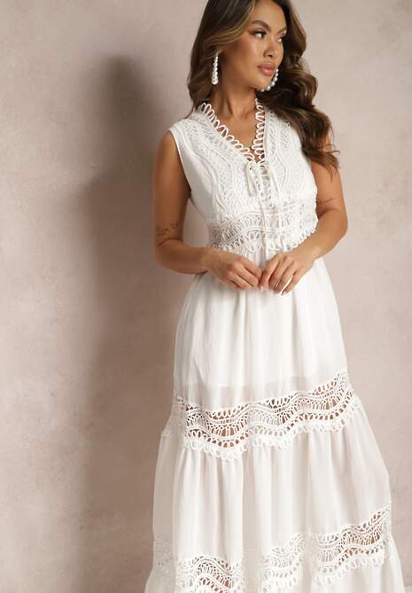 Biała Maxi Sukienka o Rozkloszowanym Kroju z Ażurowymi Wstawkami Litulla