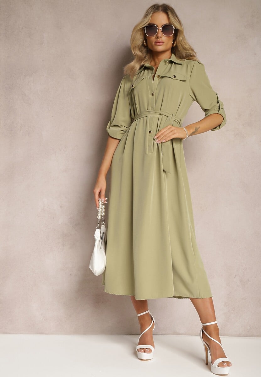 Jasnozielona Długa Sukienka z Rozkloszowanym Dołem i Koszulową Górą Kitesi