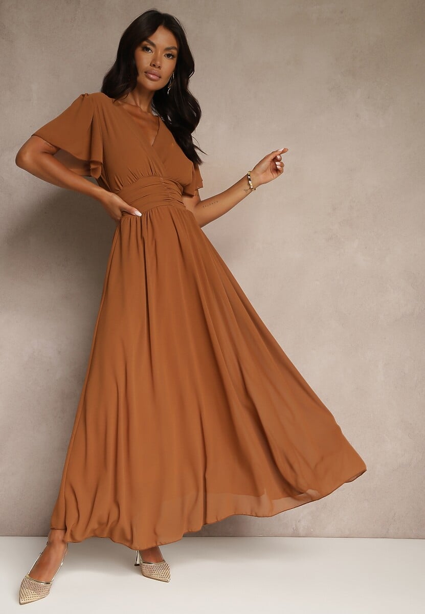 Beżowa Rozkloszowana Sukienka z Kopertowym Dekoltem Obillis