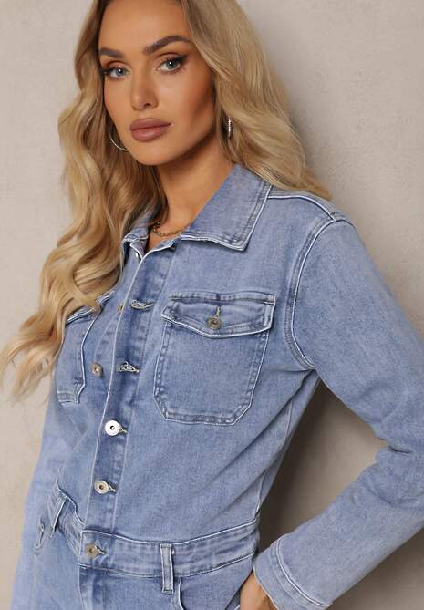 Niebieski Bawełniany Kombinezon Jeansowy z Guzikami i Kieszeniami z Klapami Starah