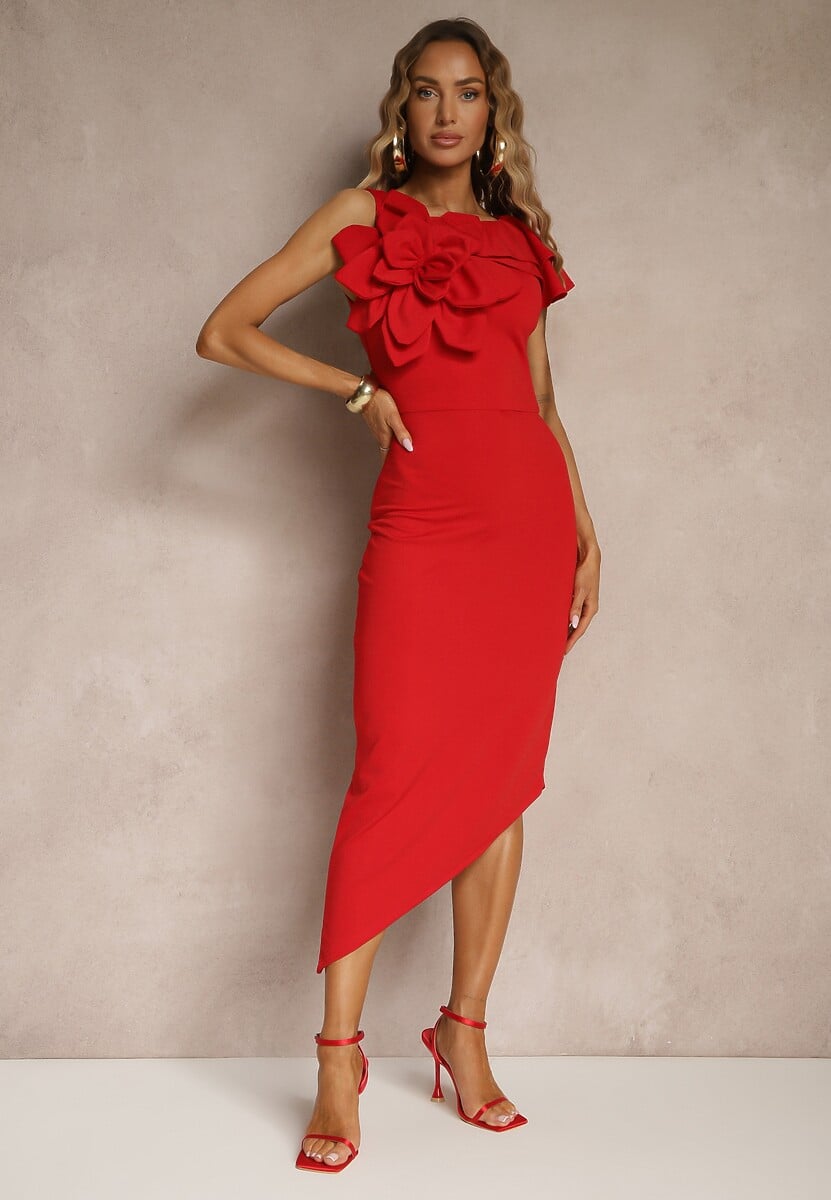 Czerwona Koktajlowa Asymetryczna Sukienka Vices z Kwiatem 3D i Falbankami Tolelira