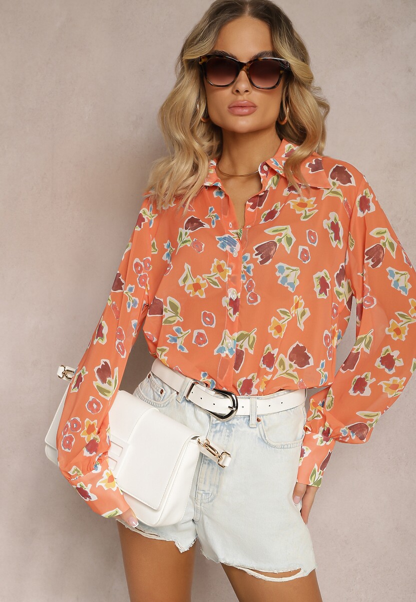 Pomarańczowa Koszula Lekko Transparentna w Kwiecisty Print Gremelia