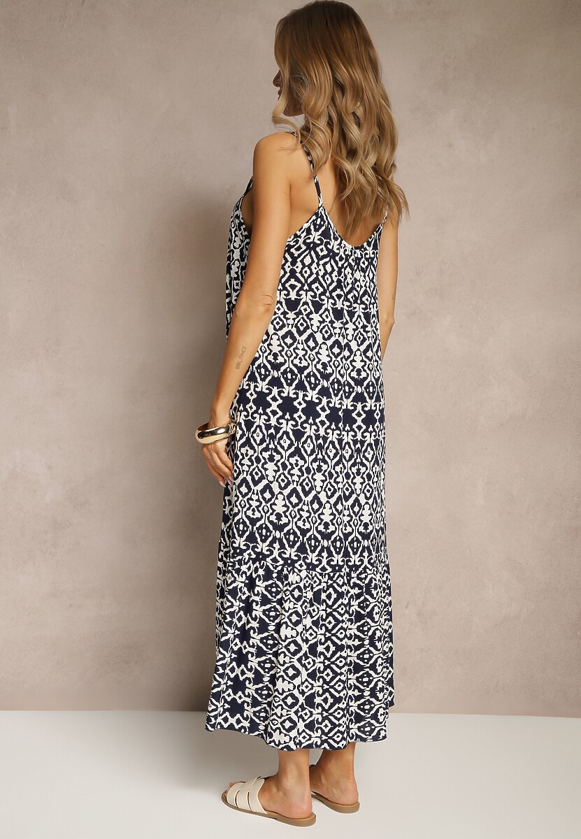 Granatowa Bawełniana Sukienka w Geometryczny Wzór Koloniela