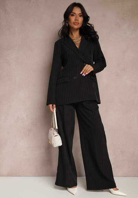 Czarna Dwurzędowa Marynarka z Wiskozą i Usztywnianą Linią Ramion Ellirisa