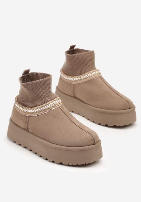 Ciemnobeżowe Śniegowce na Platformie ze Skarpetową Cholewką Erevelis