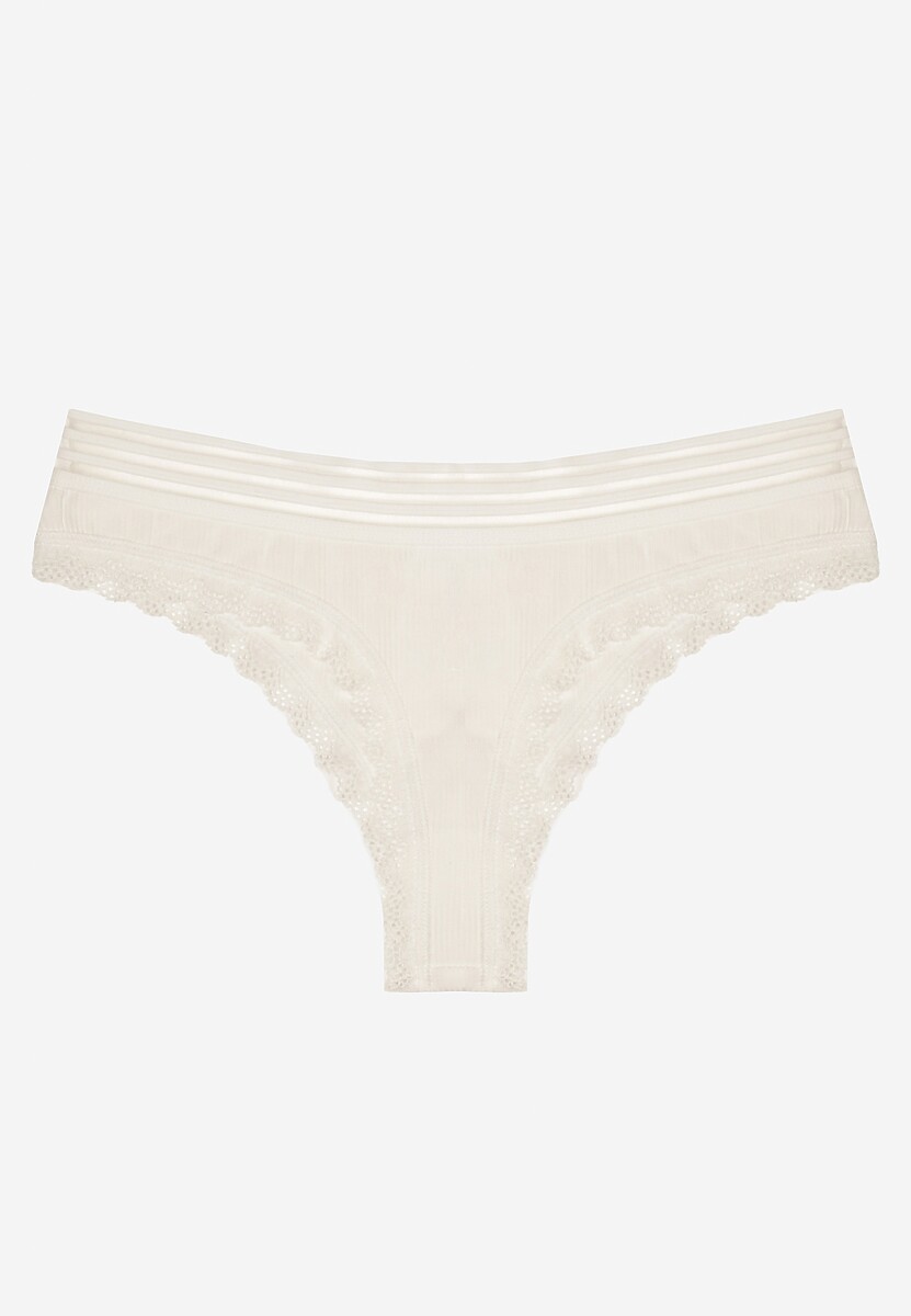 Białe Bawełniane Majtki o Kroju Stringów Ozdobione Koronką i Gumką w Paski Torllana