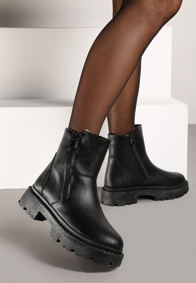 Czarne Botki na Platformie z Ozdobnym Suwakiem z Boku Tarienne