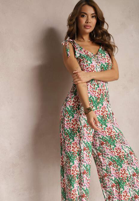 Zielony Długi Kombinezon z Wiązanymi Ramiączkami Ozdobiony Mozaikowym Wzorem Jarnsaxa