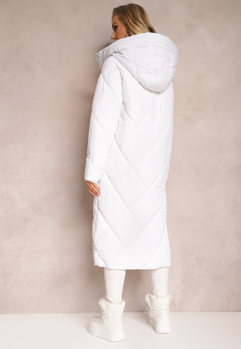 Biała Pikowana Kurtka Płaszcz za Kolano z Kapturem Kinassan