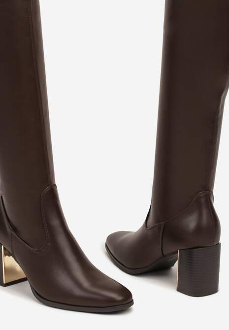 Brązowe Kozaki za Kolano na Słupku z Metaliczną Wstawką Vioeln