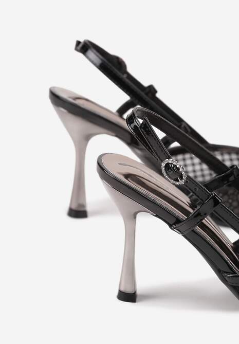 Czarne Sandały na Szpilce Vices z Siateczkową Cholewką z Cyrkoniami Liramire