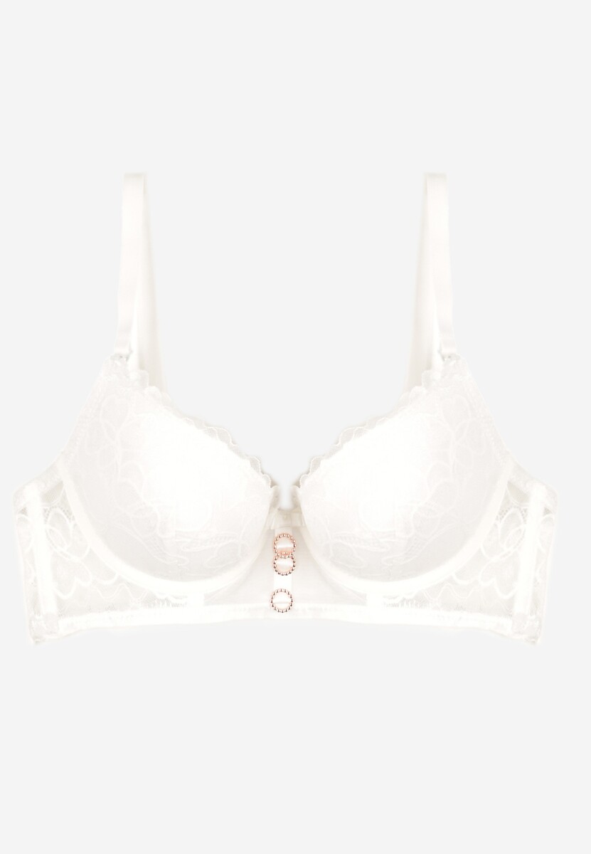 Jasnobeżowy Biustonosz Push Up z Ozdobną Koronką Neamitra