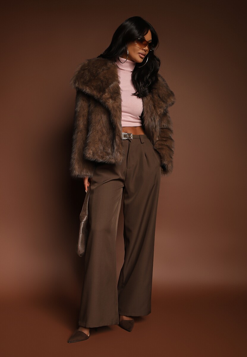 Brązowa Kurtka Futerko o Jednorzędowym Kroju z Szerokim Kołnierzem Dezile