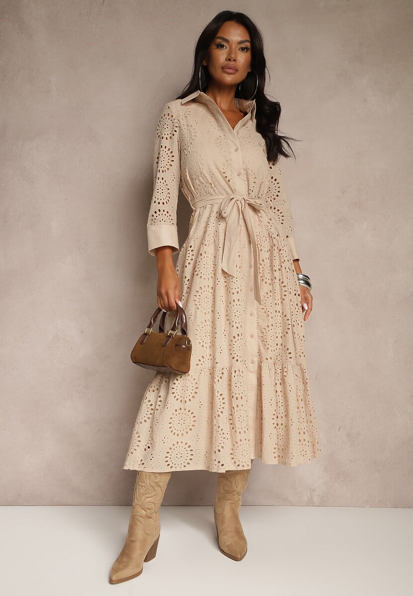 Biała Ażurowa Sukienka Koszulowa z Bawełnianej Tkaniny Felicema