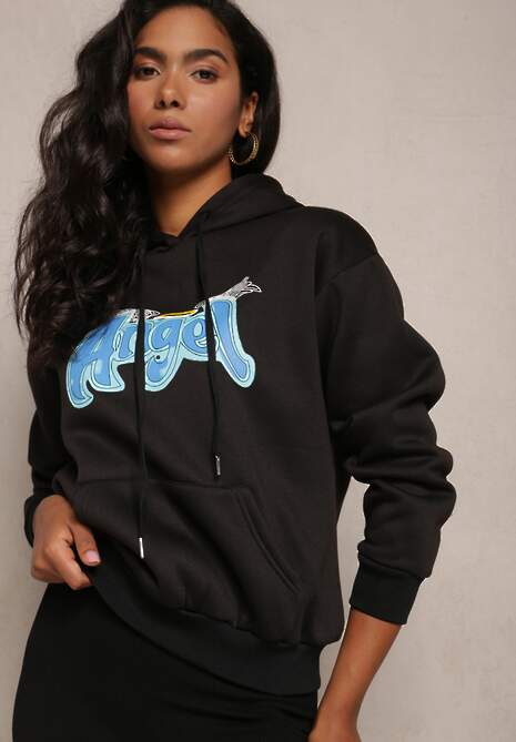 Czarna Ocieplona Bluza Kangurka z Nadrukiem Pralle