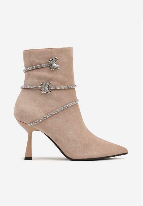 Ciemnobeżowe Botki na Klepsydrowym Obcasie z Cyrkoniowymi Paseczkami Wokół Cholewki Avamora