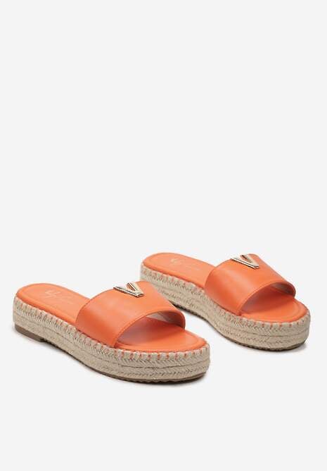 Pomarańczowe Klapki na Pasku Metalowa Ozdoba Podeszwa z Ozdobnie Plecionej Juty Raskia