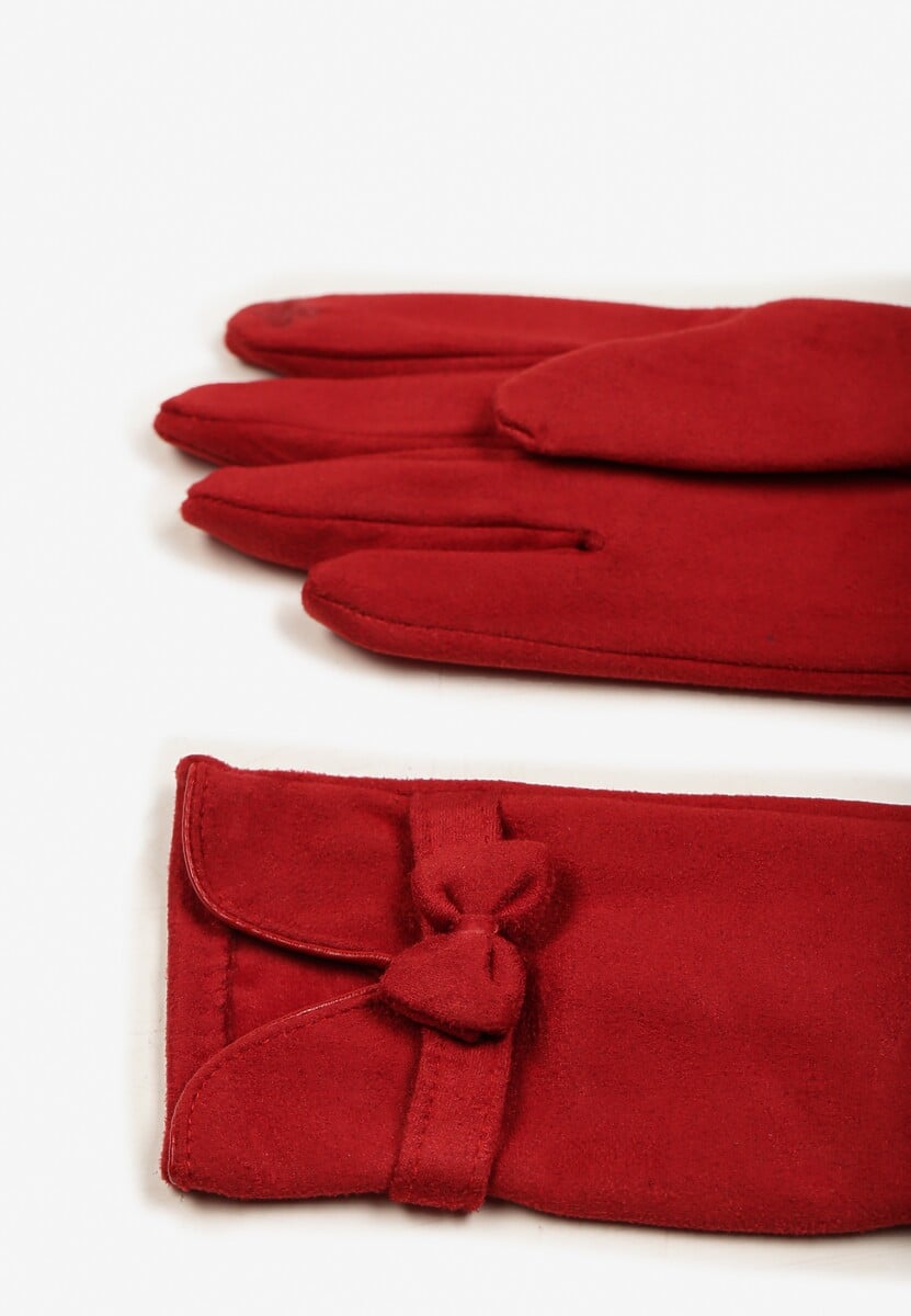 Bordowe Rękawiczki Dzianinowe z Bawełną Ozdobione Kokardą Tessemi
